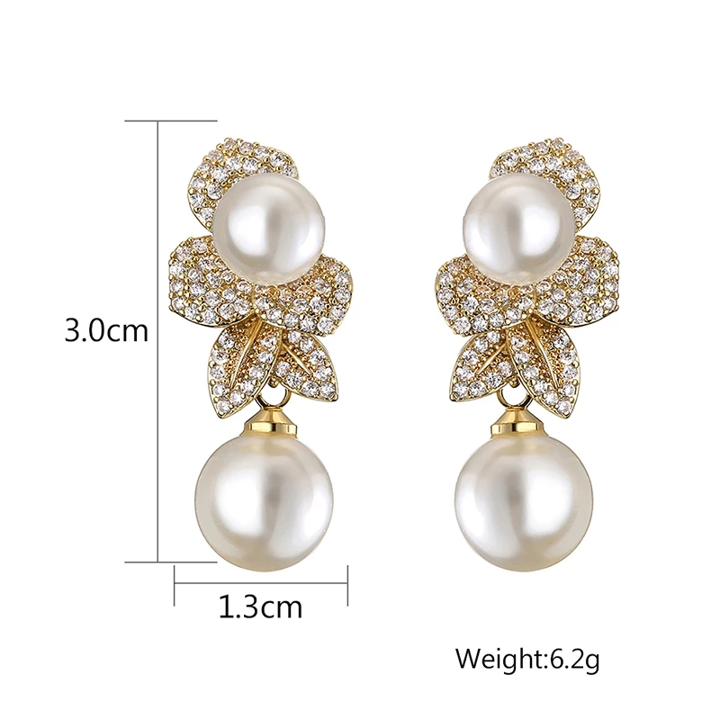 ZAKOL New Temperament Shiny Micro-inlaid Cubic Zirconia Pearl Drop Earrings Luxury Leaf Engagement Party Jewelry for Women