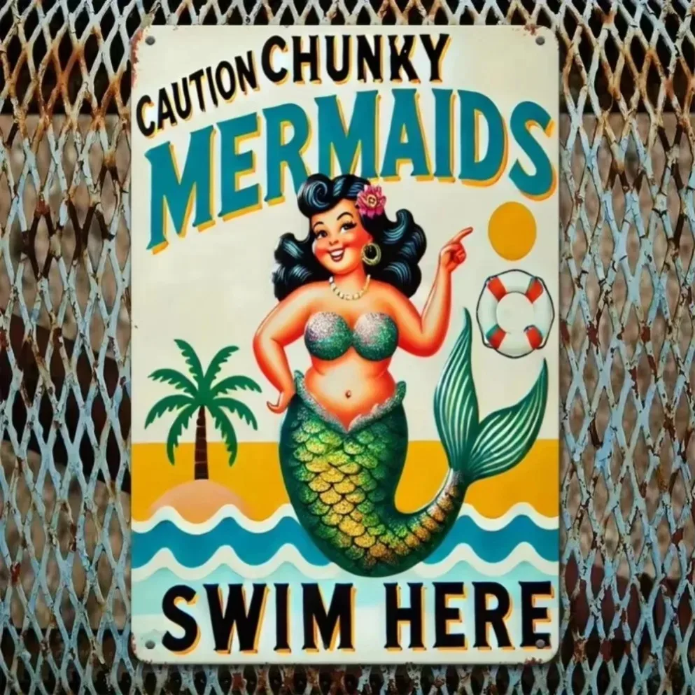 1PC "Caution Chunky Mermaids" Vintage Metal Wall Art | 2D Humorous Beach Scene with Palm Tree & Sun Design for Pool, Bathroom,