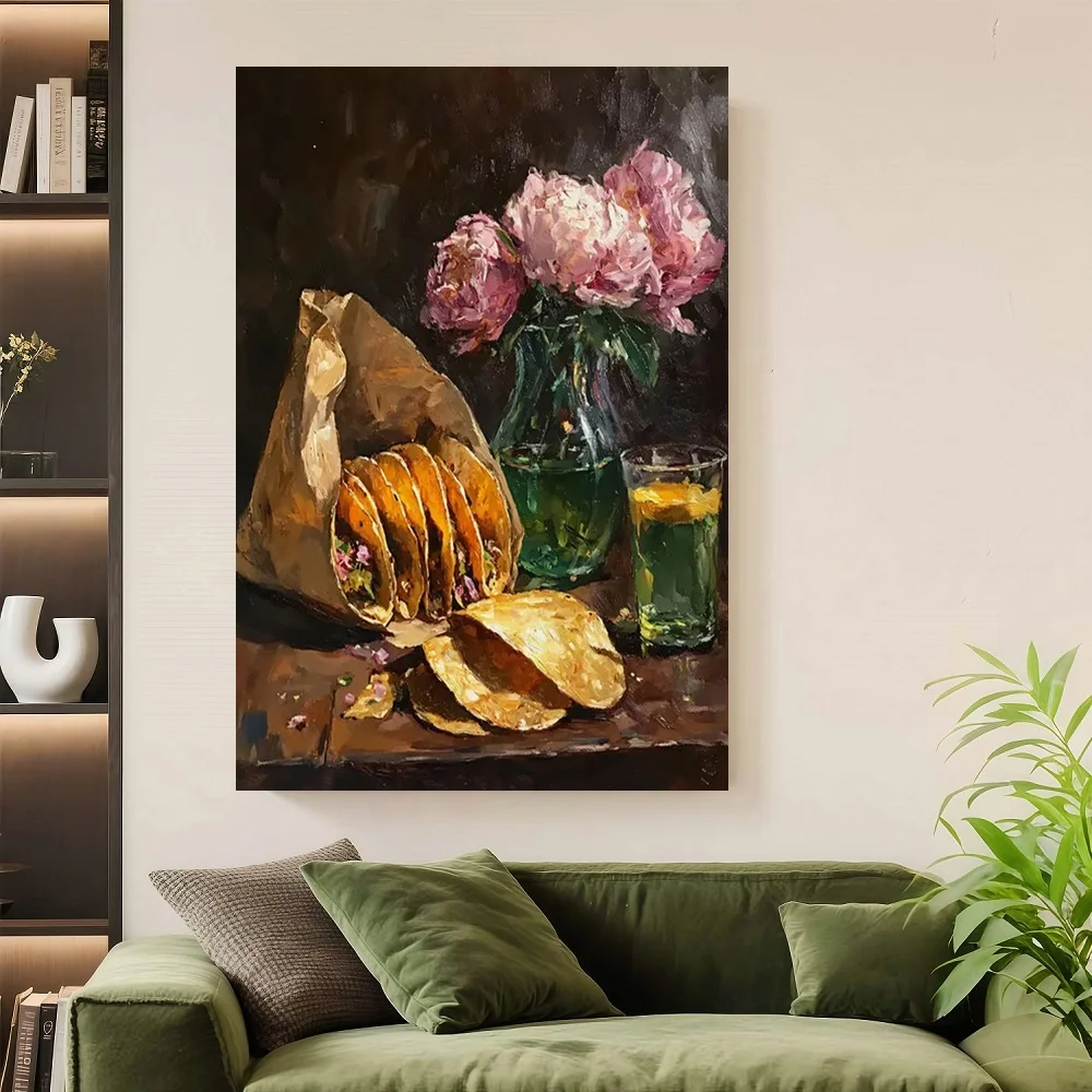 Framed 1pc Mexican Taco Still Life Canvas Print - Style Rustic Kitchen Wall Art with Vibrant Colors, Humorous Food Decor for Hom