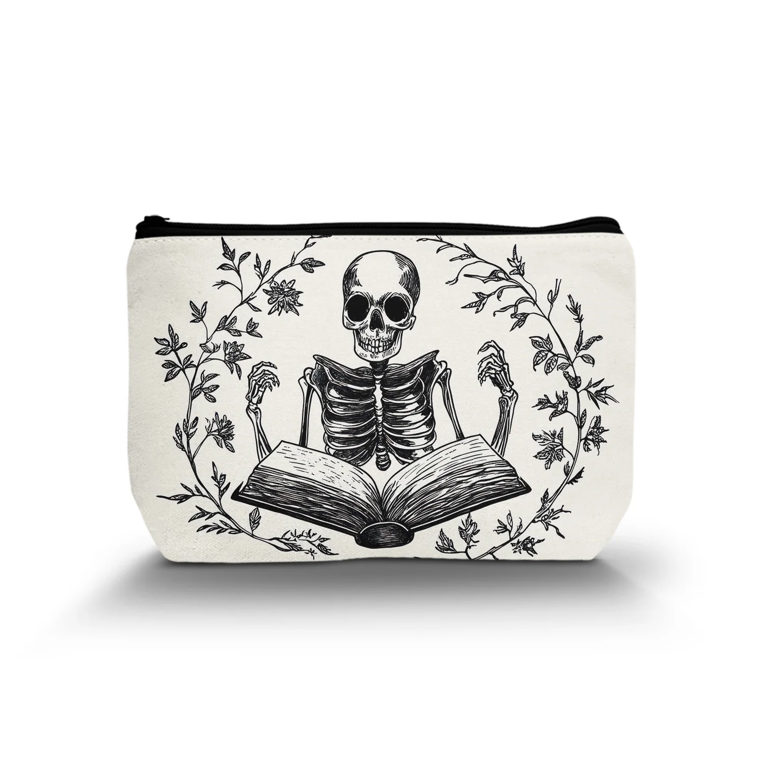 1Pc Skeleton Man Reading A Book Cosmetic Bag Plant Flowers And Leaves Aesthetic Abstract Art Style Cosmetic Bag A 8.66X5.51Inch