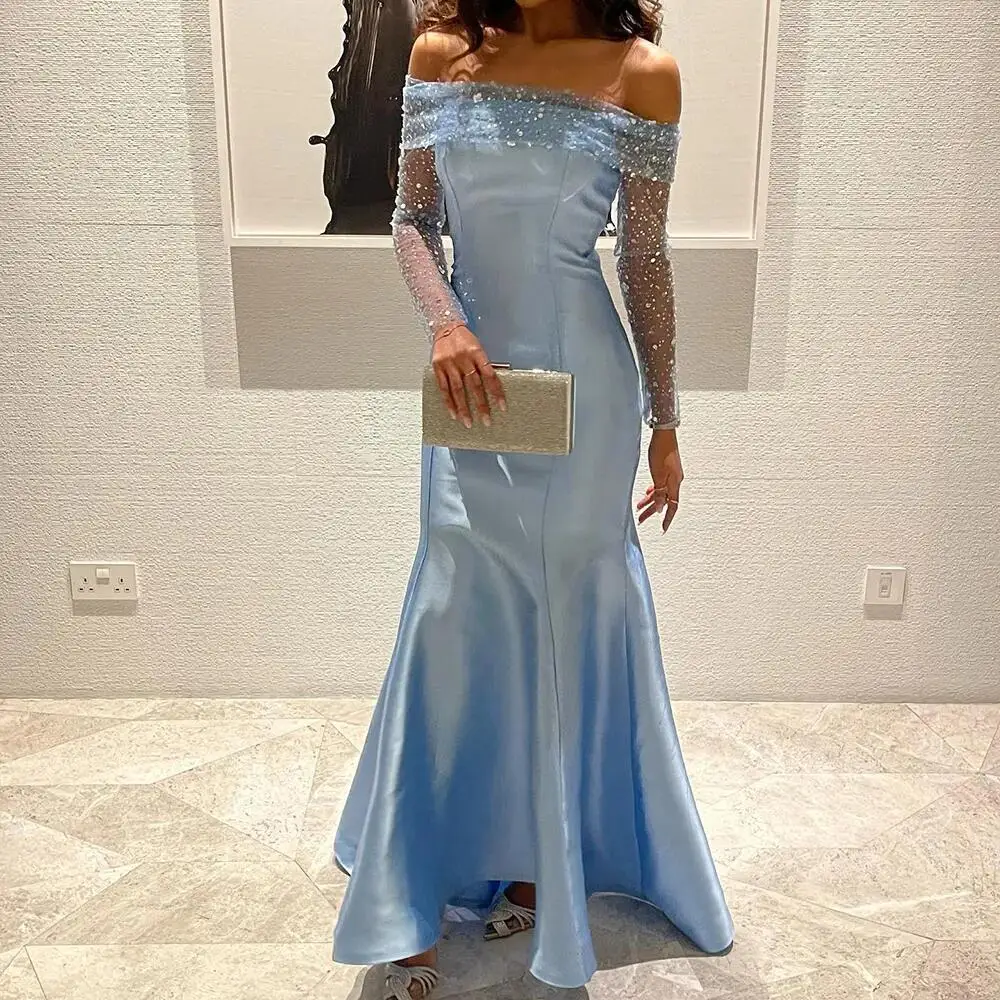 Flavinke gaun malam elegan putri duyung Arab biru untuk wanita pesta pernikahan lengan panjang Dubai Formal Prom vestidos de noche