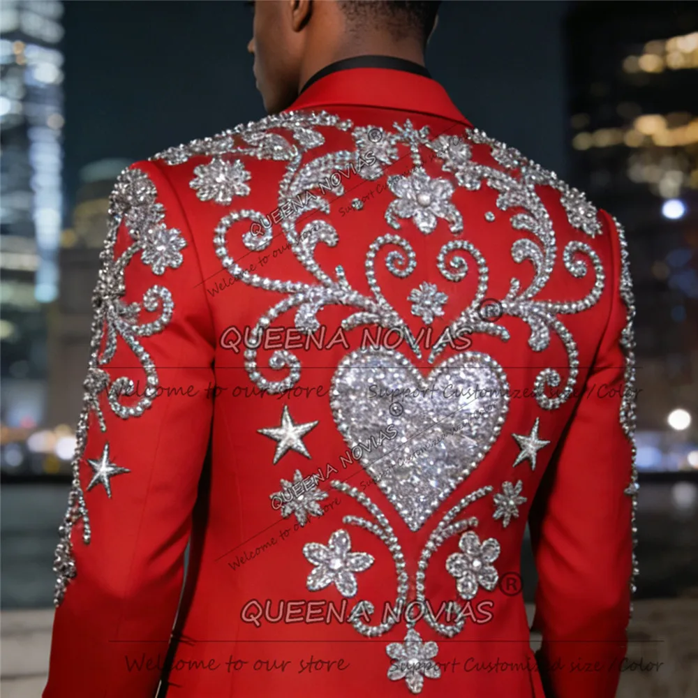 

Male Fashion Beaded Stones Men Suit For Wedding Peaked Lapel Prom Blazers Customized 2 Piece Set Groom Tuxedo trajes para hombre