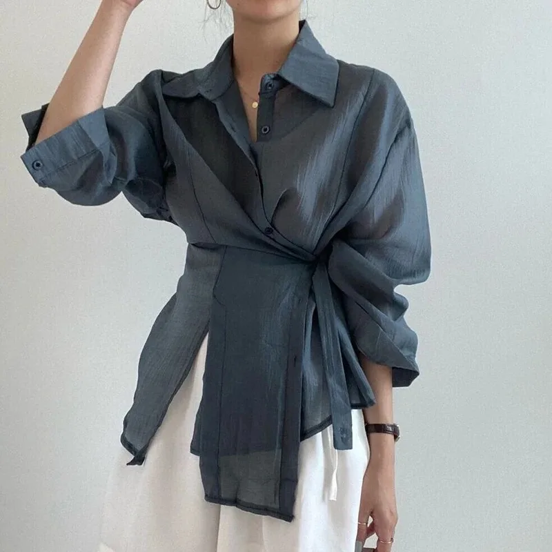 Elegant Loose Long Sleeve Women Blouse Fashion Irregular Slim Waist Belt Shirt Casual Button Women Tops Streetwear Blusas 15674