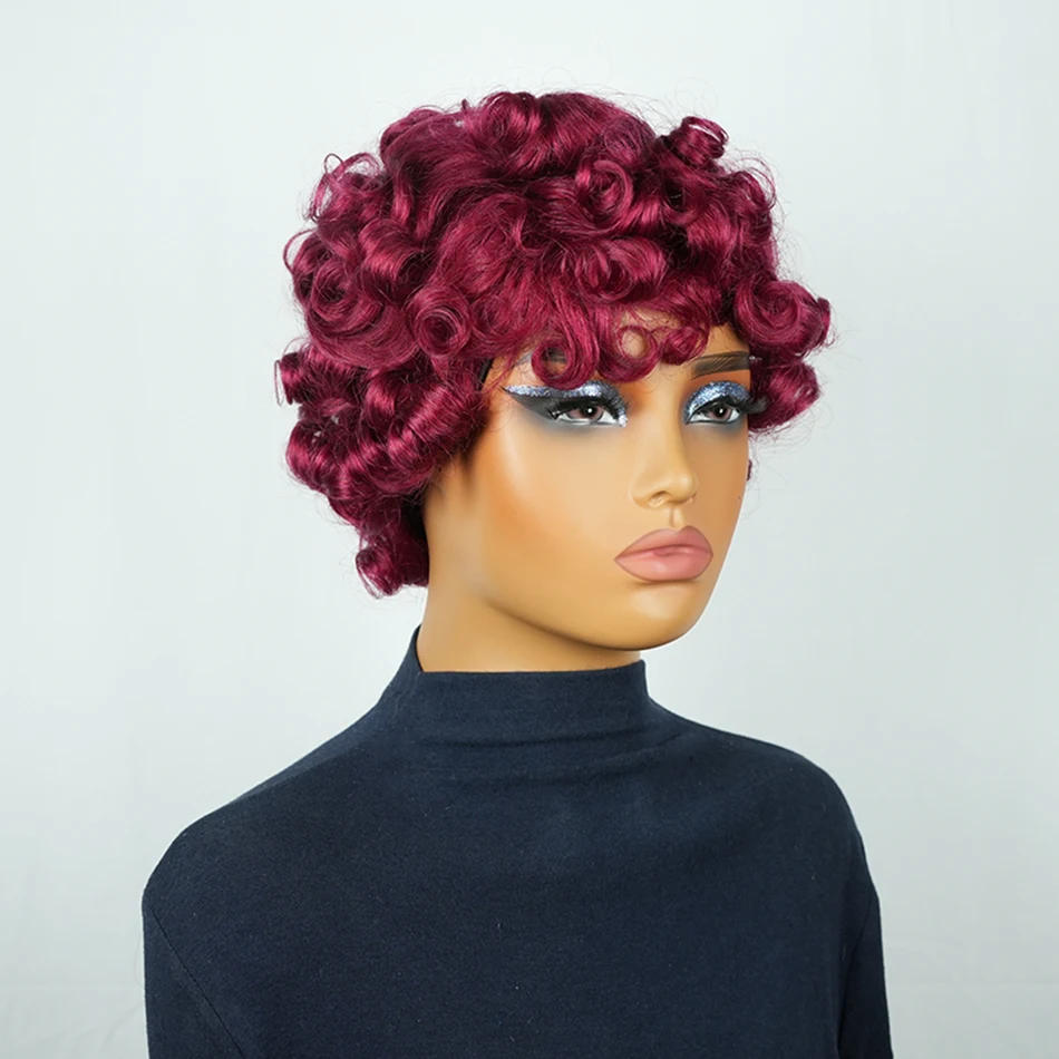 

99J Bouncy Curly Human Hair Wig Layered Haircut Wavy Human Hair Bob Wig Glueless Full Machine Made Basic No Lace Wig Short Wigs