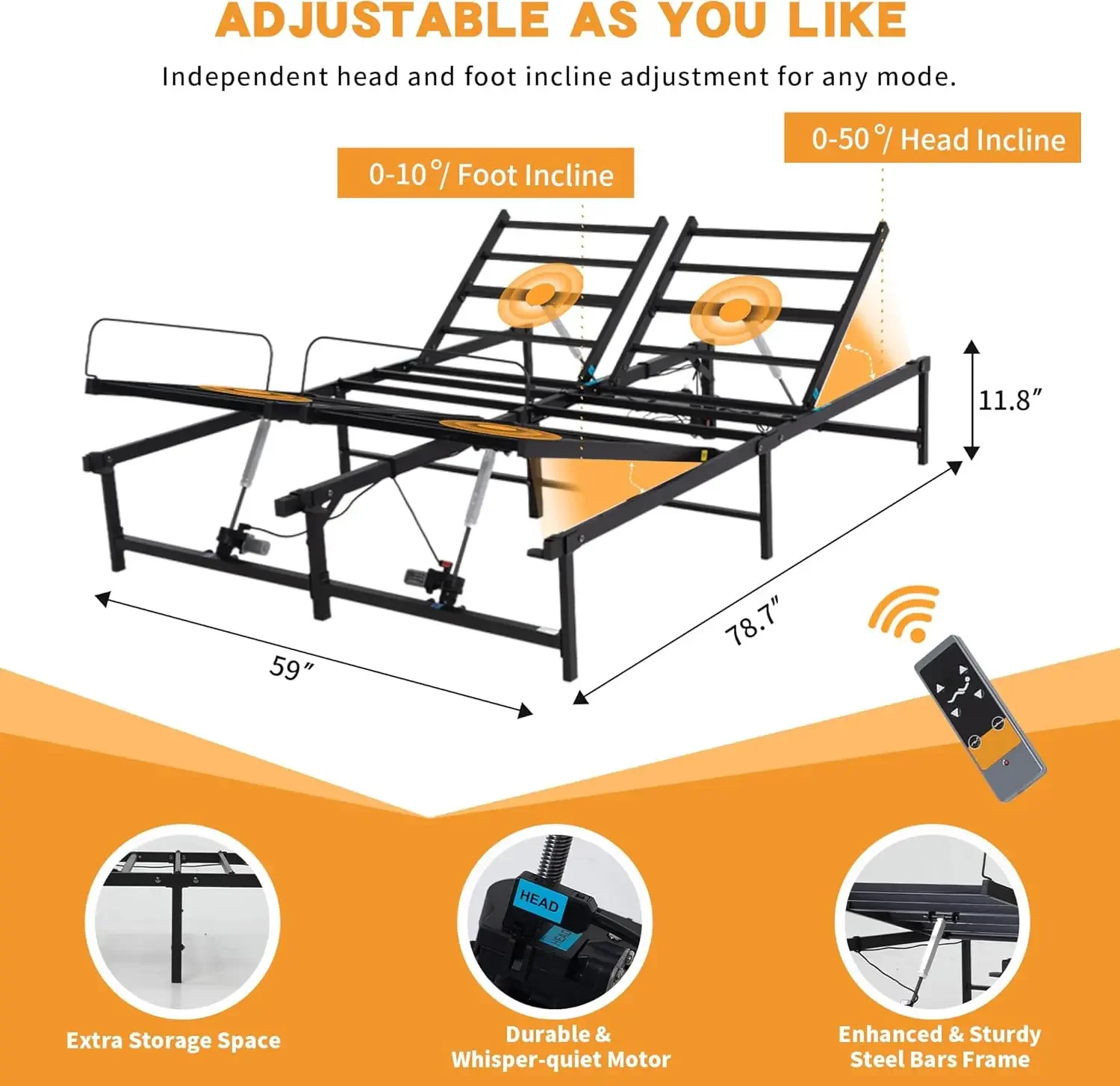 Adjustable Bed Base Frame, Queen Electric Hevy Duty Bed Frame with Wired Reomote for Independent Ergonomic Head and Foot Incline