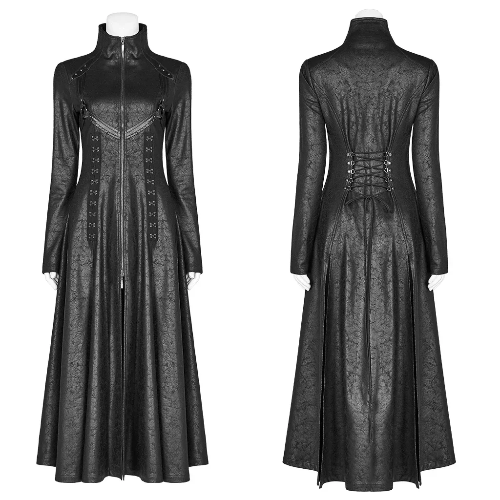 PUNK RAVE Women\'s Dark Punk Front Zipper Stand Collar Maxi Overcoat Goth Stage Performance Cosplay Womens Trench Long Coats