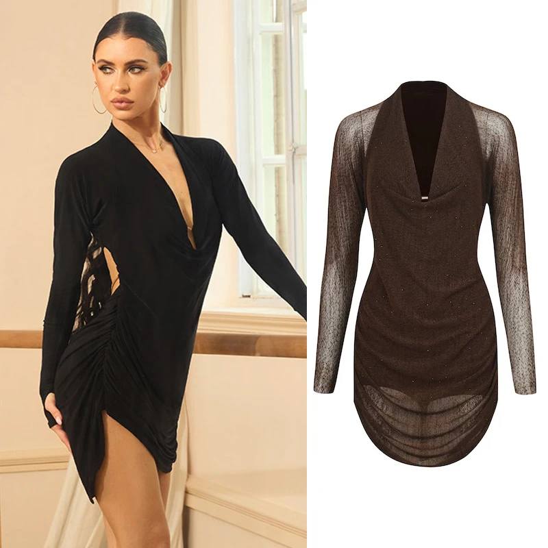 ZYM Sexy Backless Latin Dance Dress Adults Chacha Latin Dance Costume Women Mesh Sleeves Latin Dance Performance Dress SL16630