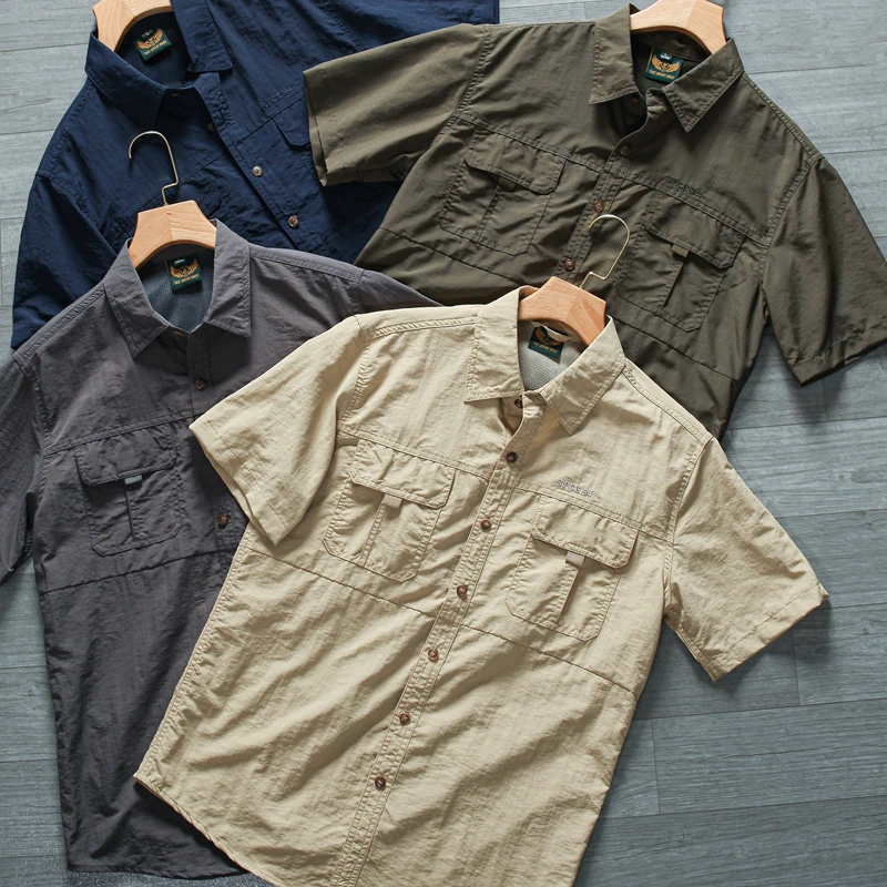 

Men's Summer Outdoor Quick Dry Fabric American Style Casual Short Sleeve Shirt with Multiple Pockets Workwear Lightweight PU ...