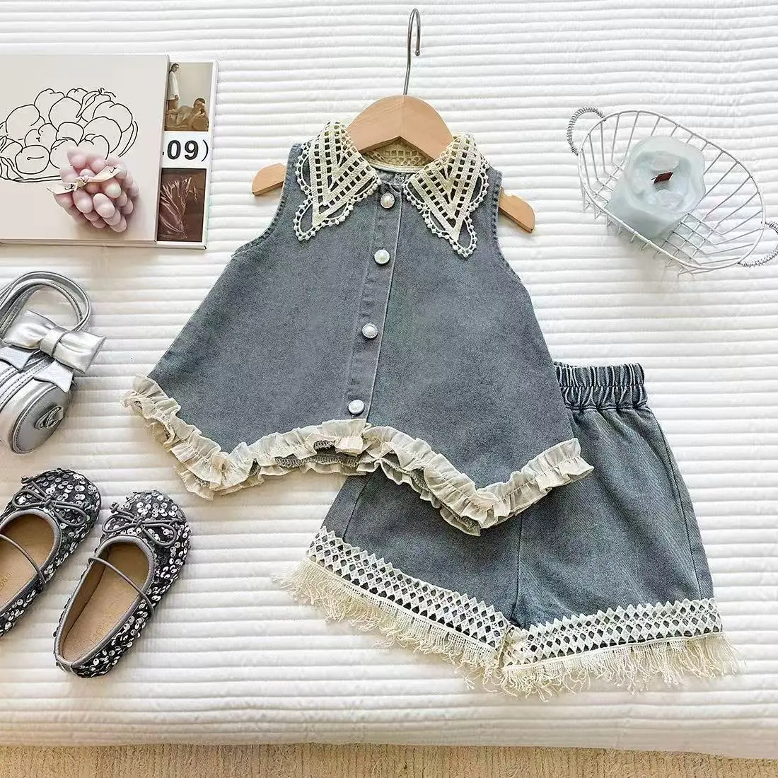 

Summer Girls 2 Pcs Outfit Lightweight Sleeveless Top With Denim Shorts Stylish Toddler Casual Suit for 90-150cm