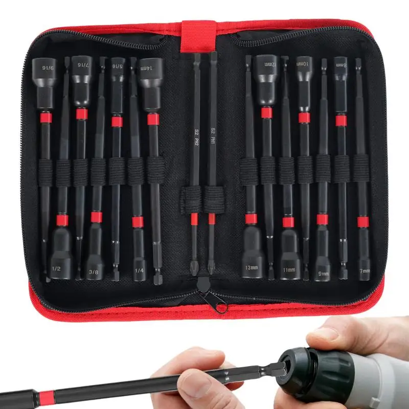 Drill Driver Bit Set Deep Nut Driver Set 1/4 Inches Hex Shank SAE And Metric Screwdriver Bit With Storage Bag For Drill Or