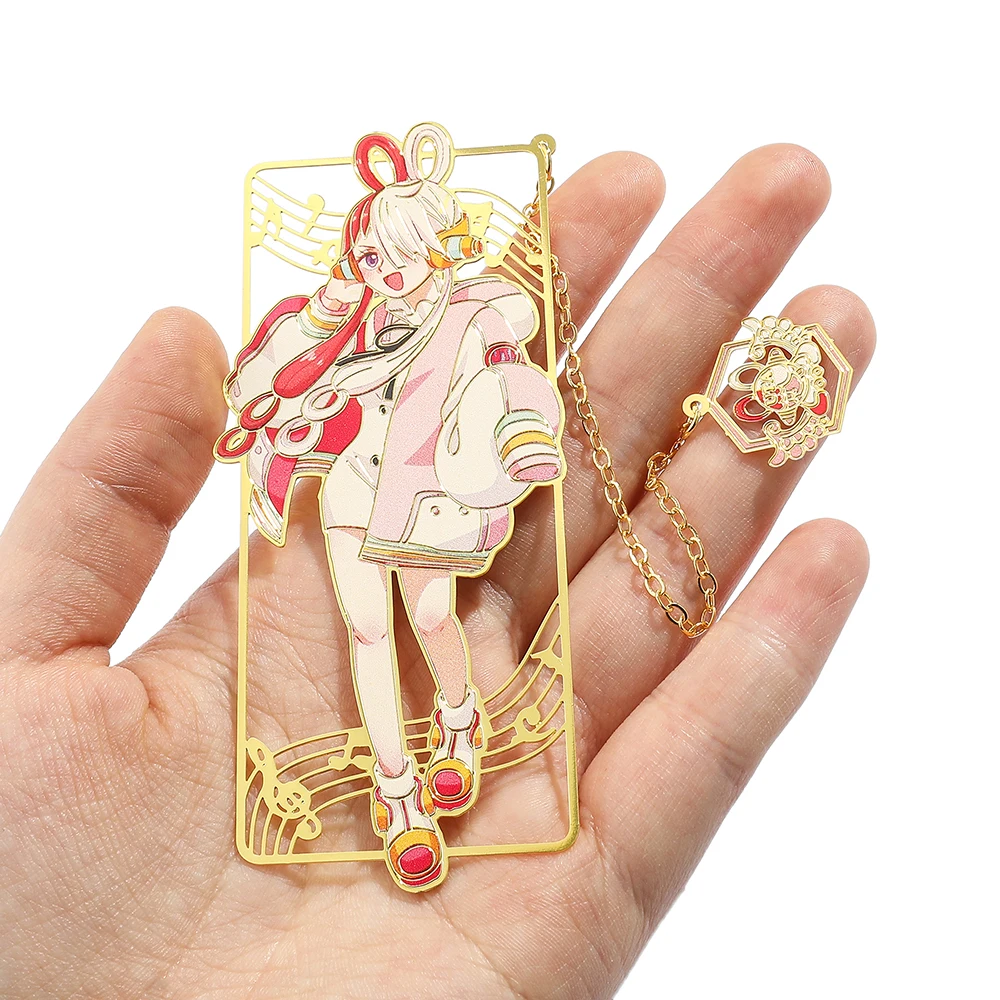 Anime One Piece Figure Metal Bookmarks with Tassel Luffy Uta Shanks Gold Color Book Marks Gifts for Fans Collection Supplies