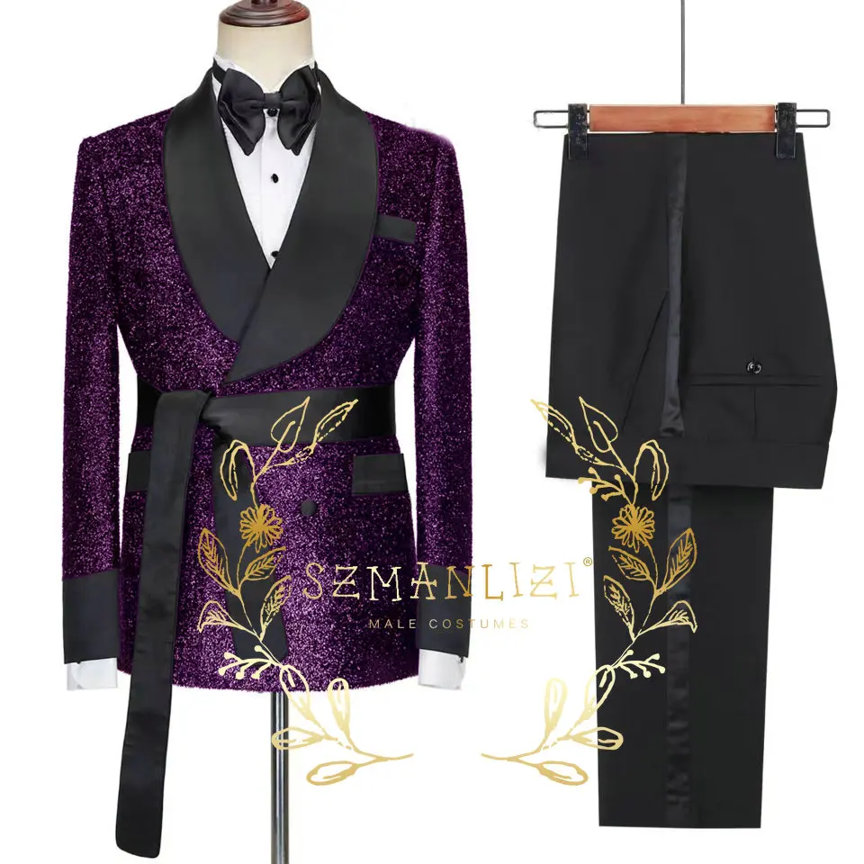 Blazer Sets SetDouble Breasted Gold Shiny Jacket Slim Fit Mens Suits Wedding Groom Tuxedos Party Jacket Pant Terno Masculino