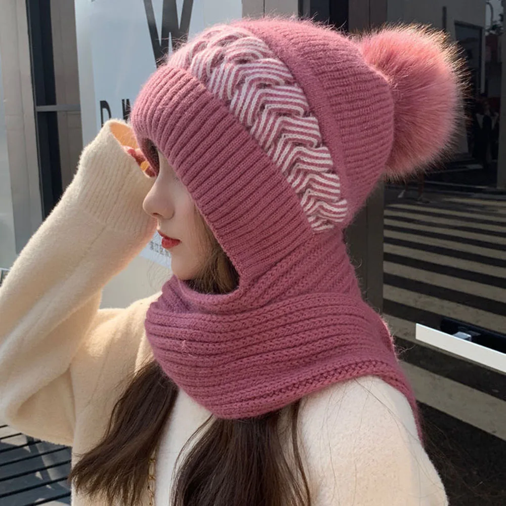 Korean Sweet 2-in-1 Hat Scarf Set Female Winter Warm Rabbit Hair Knitted Cap Cycling Ear Protection Padded Cold-proof Neck Cap