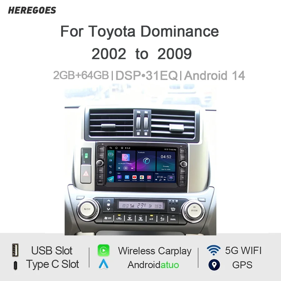 Autoradio Android 8 pouces Type-C pour Toyota Dominance 2002 à 2009, CarPlay sans fil, Android Auto, GPS, Bluetooth, commande au volant