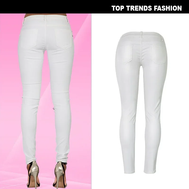 White Faux Leather Denim Leggings Patchwork Multi Zipper Motorcycle Womens Pants
