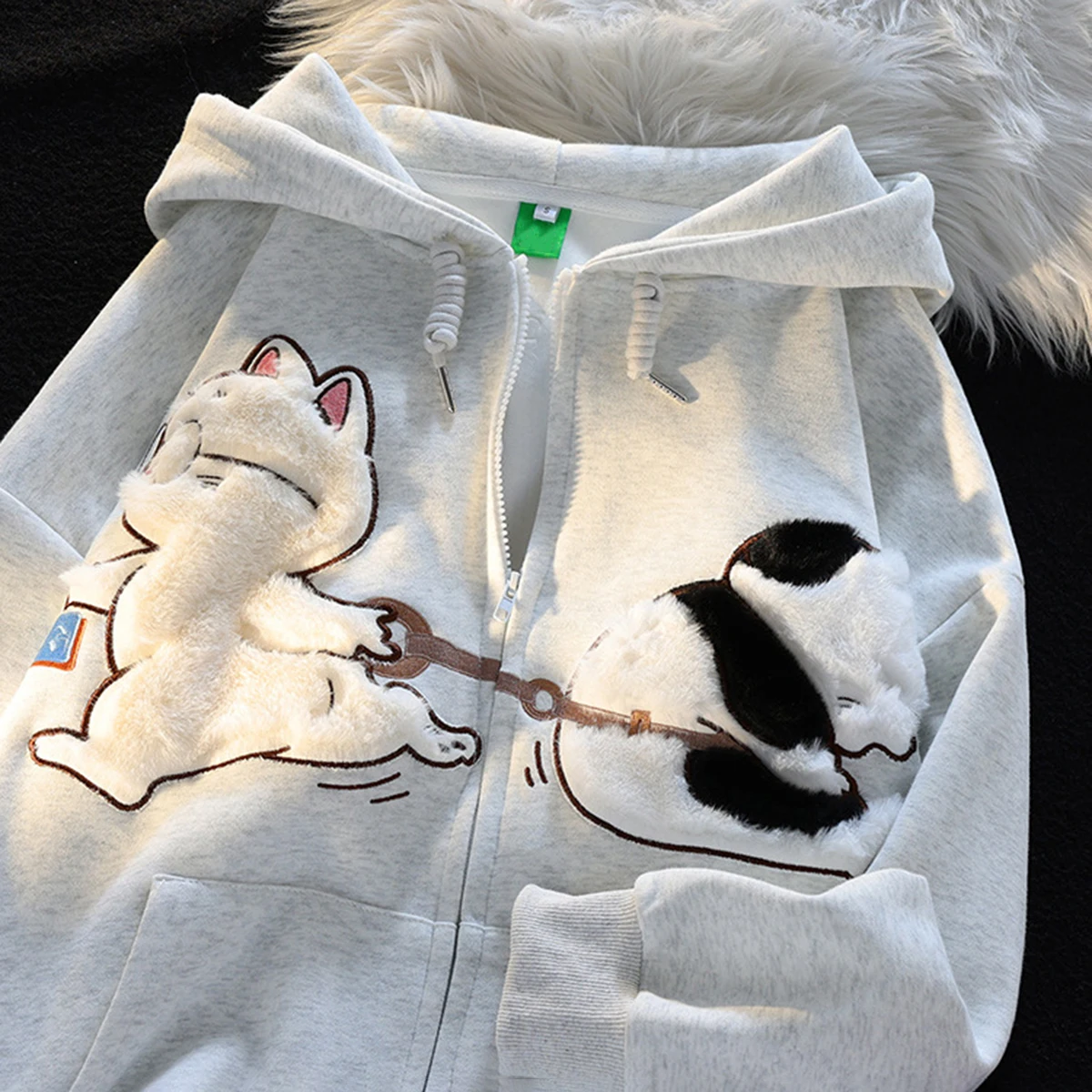 Korean New Design Embroidery Cartoon Hooded Coat Autumn Winter Cat Print Zip Up Women Man Hoodies Streetwear Couples Clothes Top