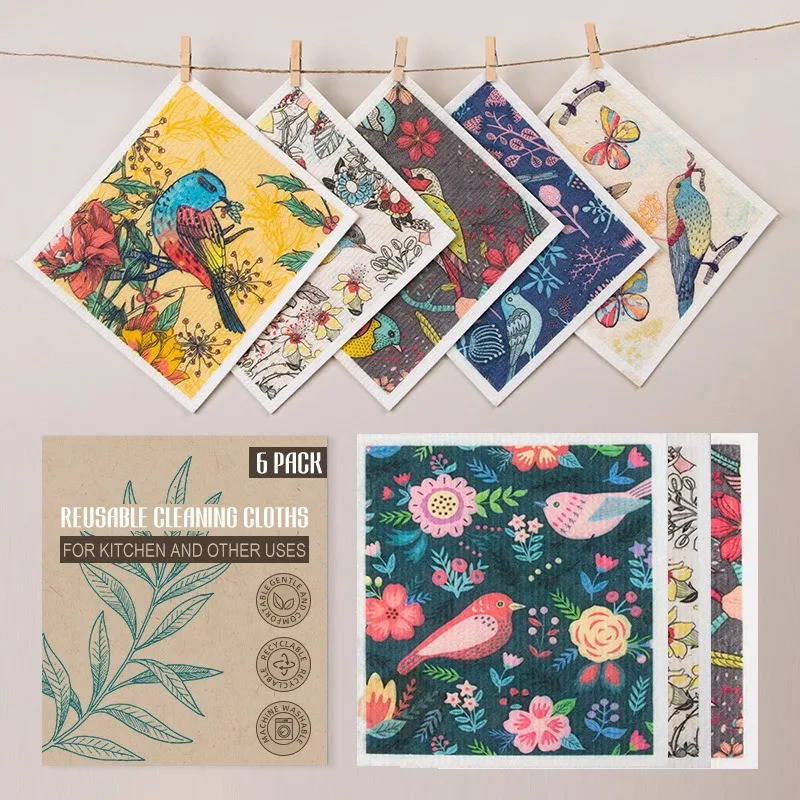 

6Pcs/pack Bird Printed Wood Pulp Cotton Reusable Dishcloth Oil Resistant Kitchen Scouring Pads Cleaning Tools