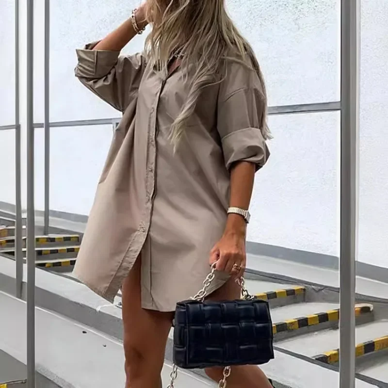 

Women's Solid Color Button Front Shirt Dress Summer Casual Long Sleeve Lapel Dresses Y2k French Elegant Office Long Robe Платье