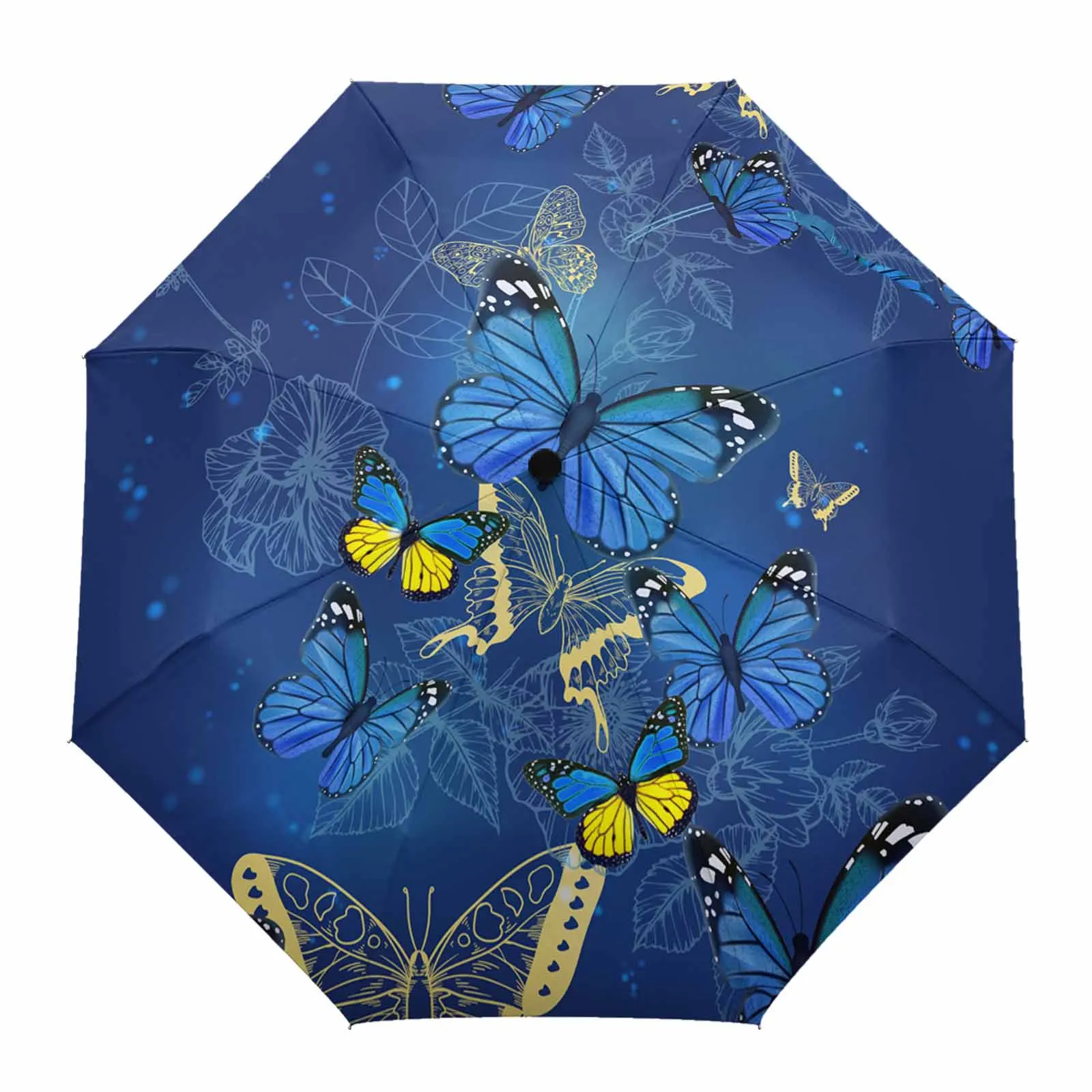 Butterfly Flower Blue Flower Automatic Umbrella for Rain Foldable Parasol Umbrella Eight strand Outdoor Umbrellas