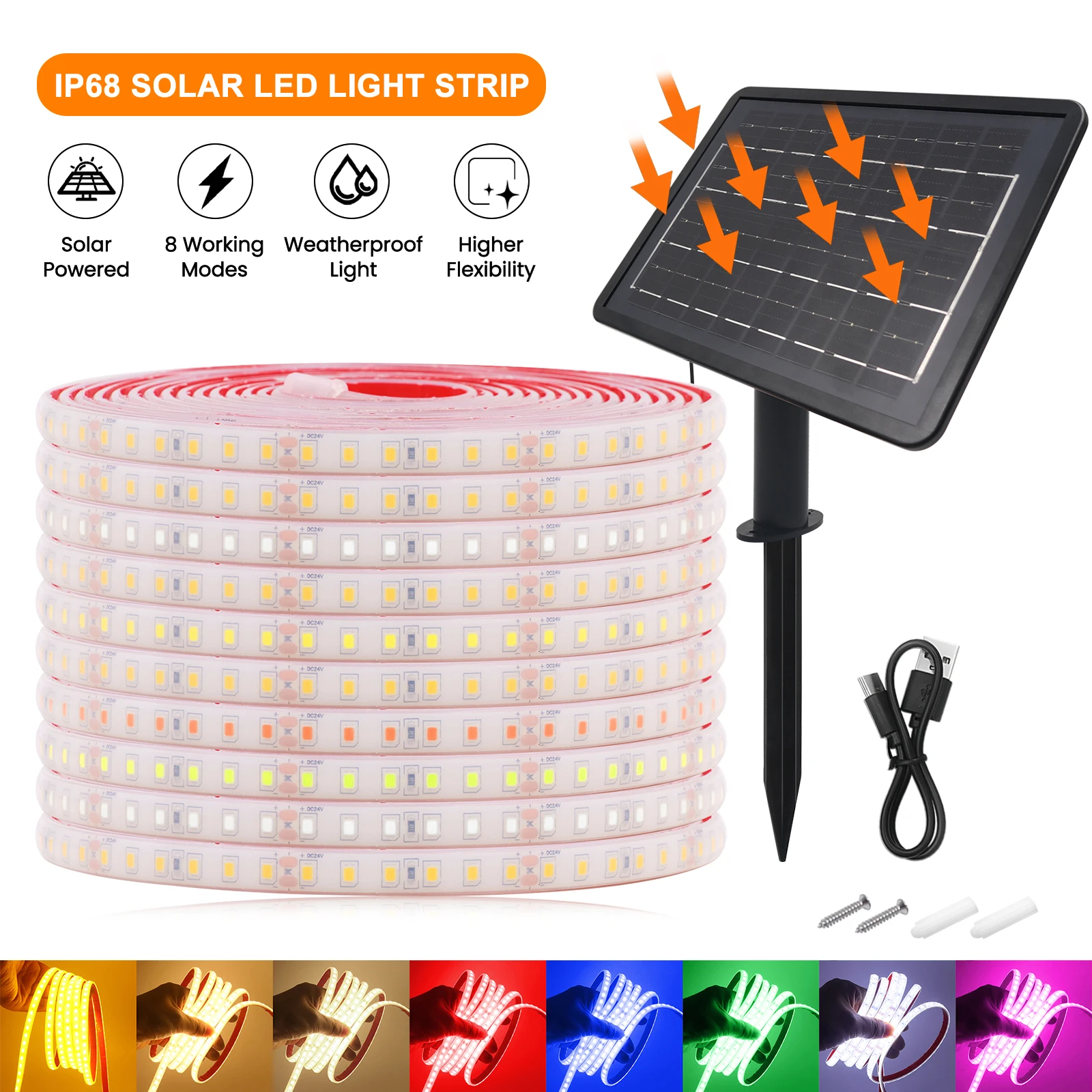 IP68 Waterproof Solar LED Strip Light 24V SMD2835 120Leds/m Flexible Tape Ribbon Diode with 8 Mode Solar Panel Home Garden Lamp
