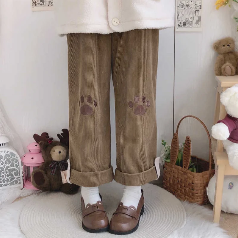 Women's Clothes Kawaii Beige Corduroy Harajuku Cute Japanese Style Lolita Leisure Wide Leg Pants Embroidery Sweet Trousers