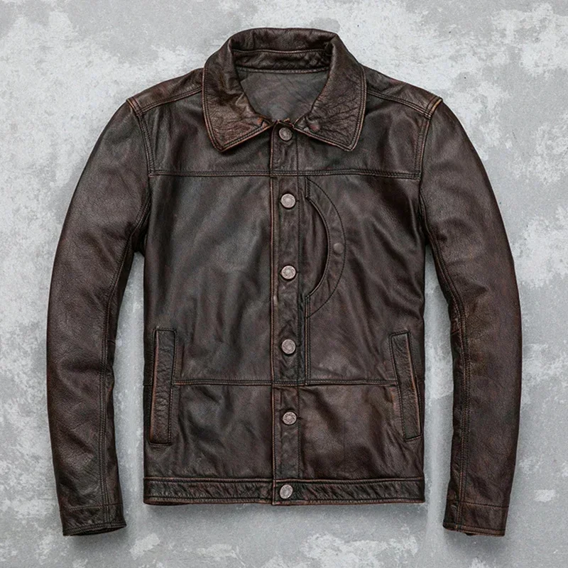 Top Layer Cowhide Jacket Vintage Distressed Luxury Made of Genuine Leather s High Quality Lapel Classic