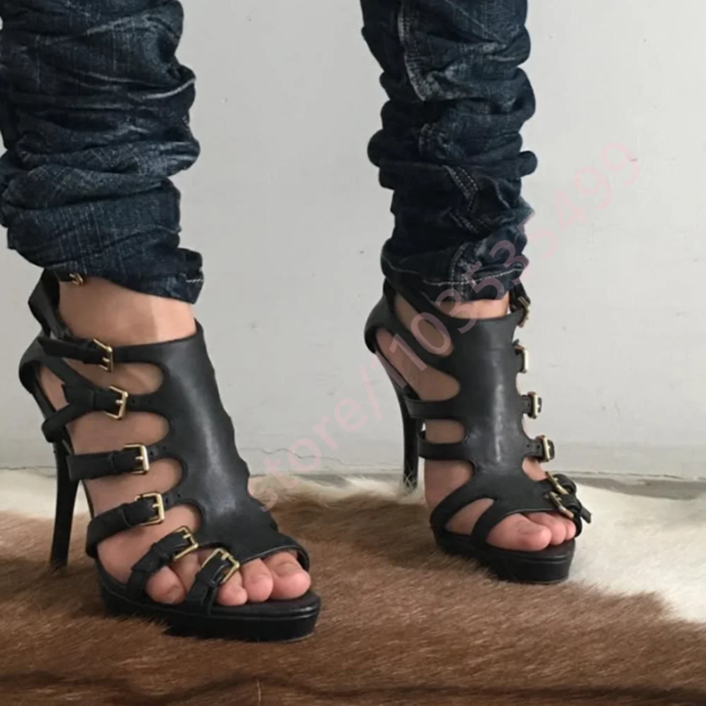 2026 Summer Black Gladiator Platform Sandals Women Multi Gold Buckle Cutout Straps Open Toe Thin Stiletto High Heel Party Shoes