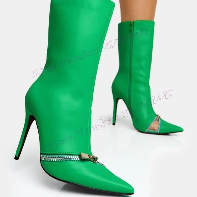 Green Zipper Decor Clear PVC Boots Pointed Toe Shoes for Women Stilettos High Heels Matte Leather Shoes 2024 Zapatos Para Mujere