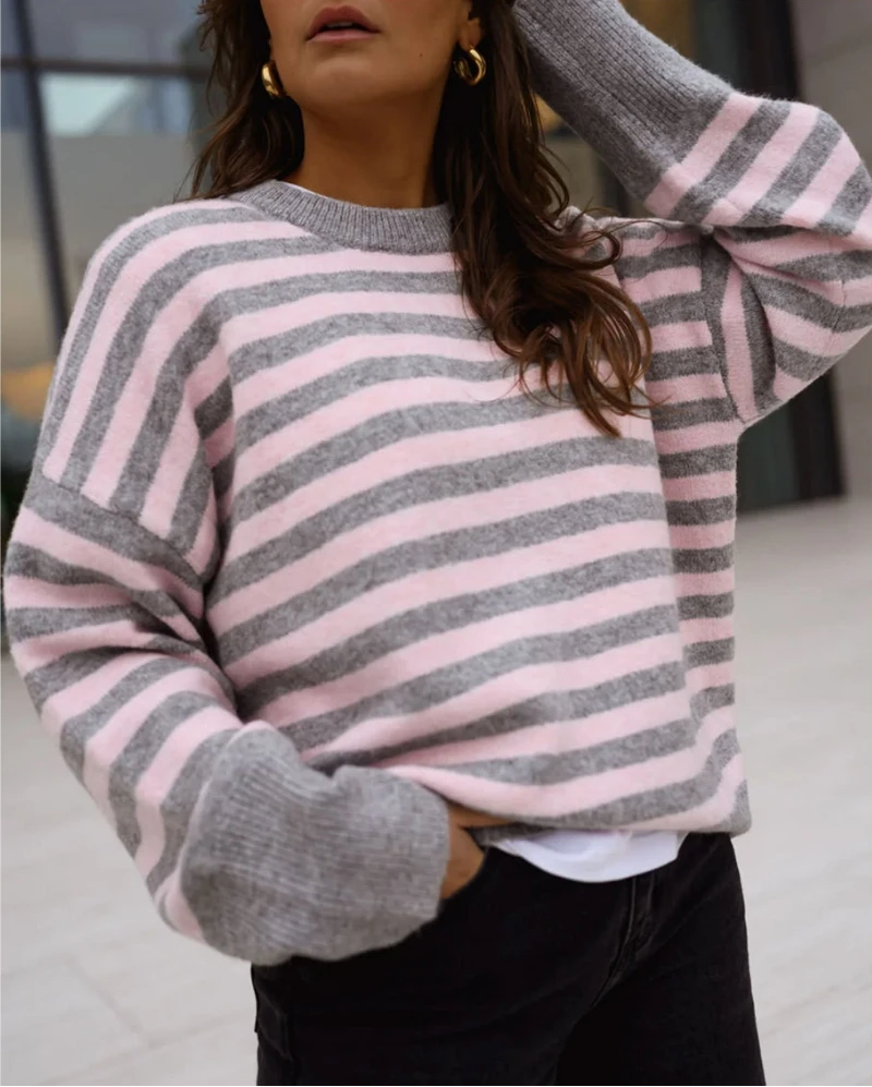zekye Women's Striped Knitted Babe Idyllic Crew Neck AutumnWinter Long Sleeves Contrasting Color Pullover Retro Loose Sweater