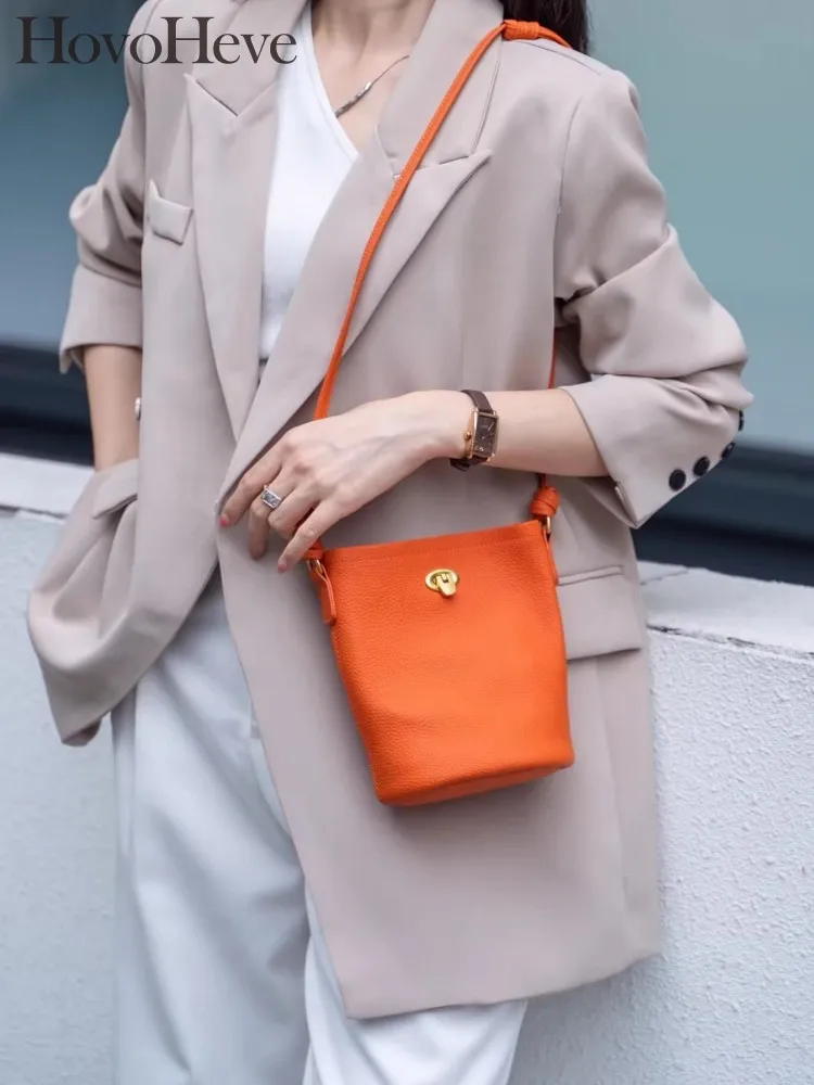 

Office Women Cowhide Leather Solid color Bucket Style Soft Casual Handbag Shoulder Bag Multifunctional Fashionable Messenger Bag