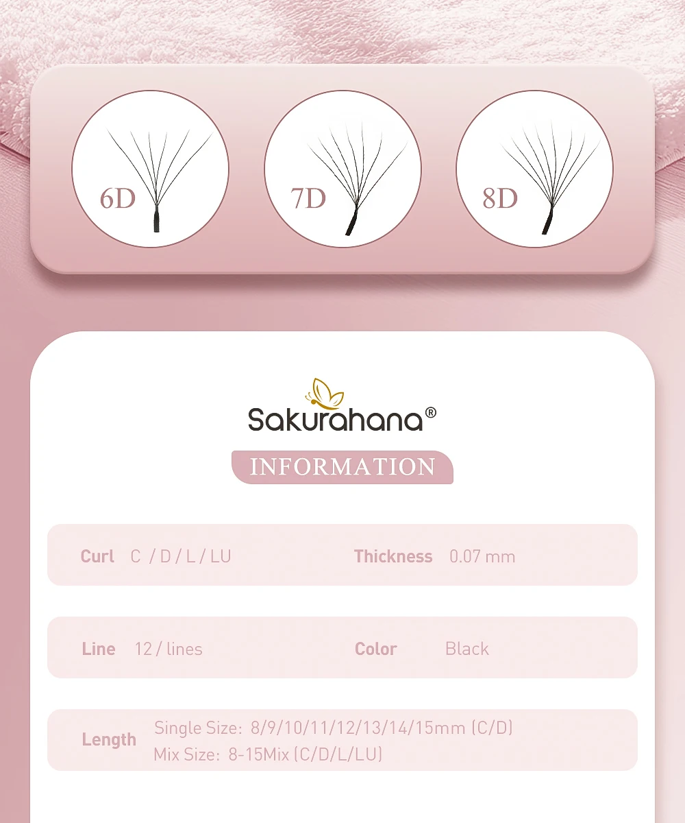 SAKURAHANA Automatische Blüte W-förmige Blüte 6D 7D 8D Vorgefertigte Fächer C/D/L/LU Curl Mink Individuelle Wimpern – Detail 2