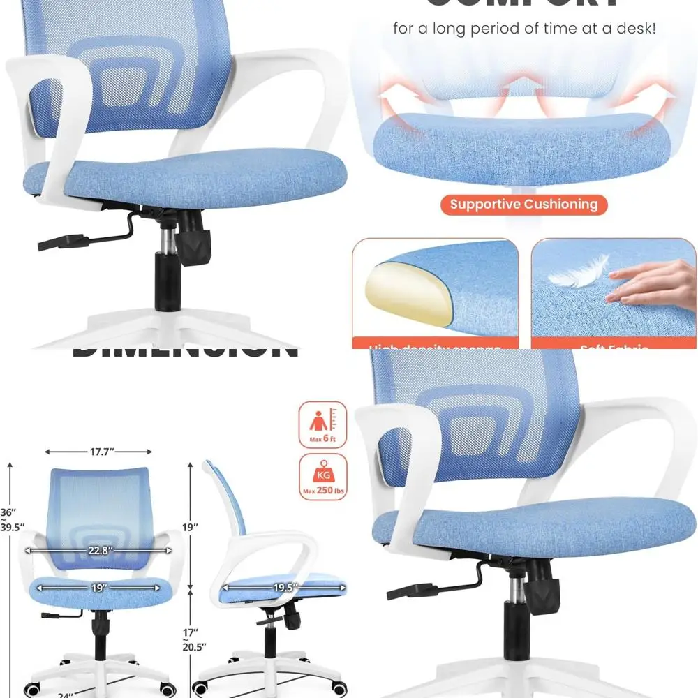 

Ergonomic Mesh Gaming Chair with Adjustable Height, Lumbar Support, and Swivel for Comfortable Home Office Use (Sky Blue)