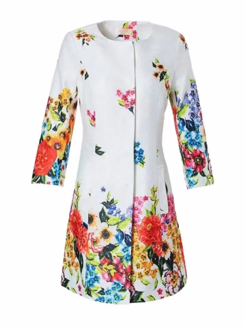 

Autumn Winter Women Coat Jacquard Fashion O-Neck Long Sleeve Covered Buttons Casual Trench Outwear