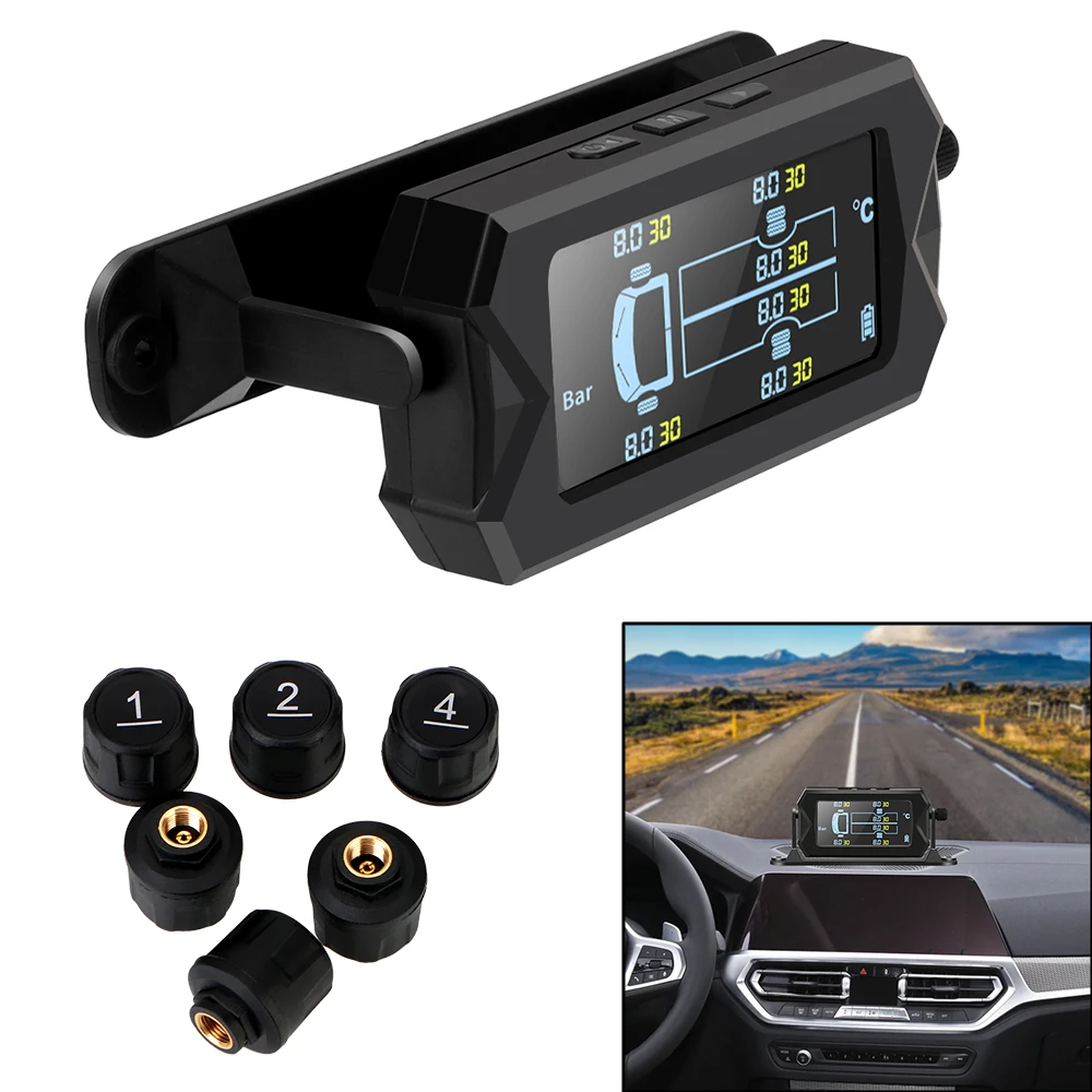 

Wireless Solar Tire Pressure Monitoring System Digital LCD Alarm with 6 External Sensors Car RV Truck TPMS