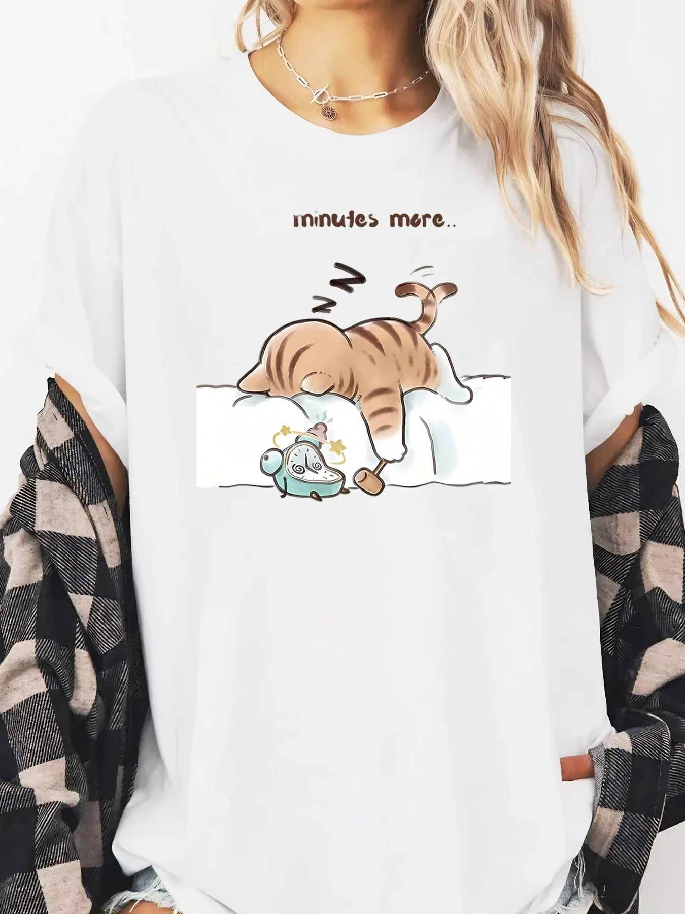 Kat slapen met wekker 5-minuten meer print T-shirt Halloween dames vrijetijdskleding wit plus-size