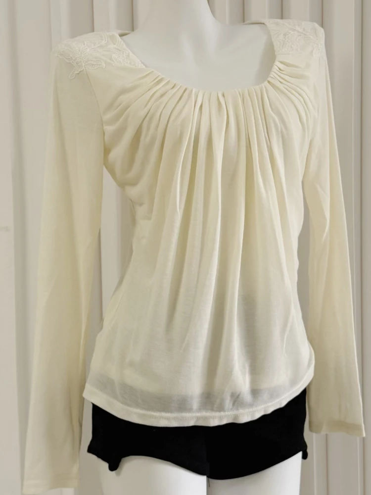 French Fashion Vintage Elegant T-Shirt Women Long Sleeve Slim Ruched Design Soft Casual Tops Simple Chic Autumn Street Outfits