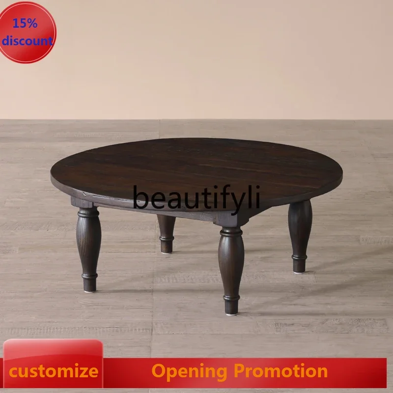 

Wabi-sabi wind old wood antique old round coffee table low table retro brown solid wood round sofa edge table G1218