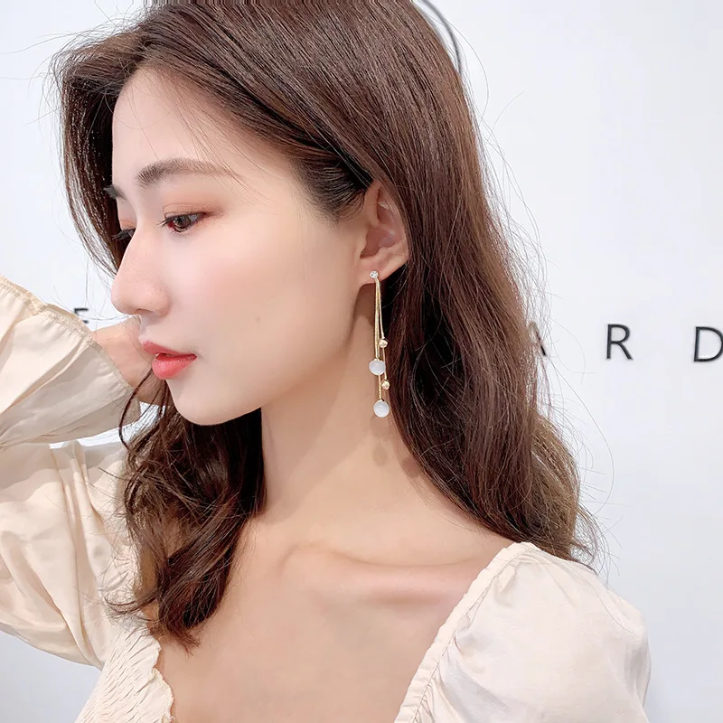 2024 New Cat'S Eye Stone Earrings, Women'S Long Style, Elegant Forest Style Super Immortal Powder Earrings, Two Wearing Tassel E