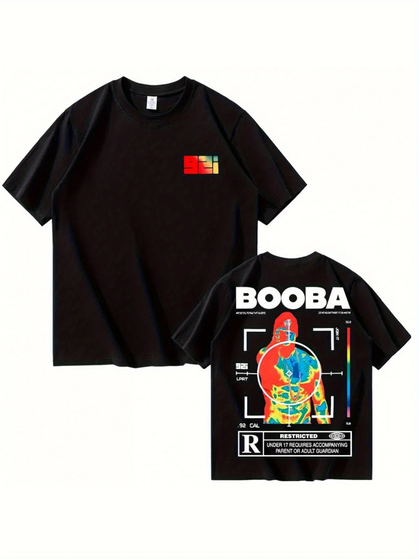 

Men'S & Women'S Black Cotton T-Shirt with Vibrant Graphic Print - Bold "BOOBA" & Colorful Stripes Design, Loose Fit Short Sleeve