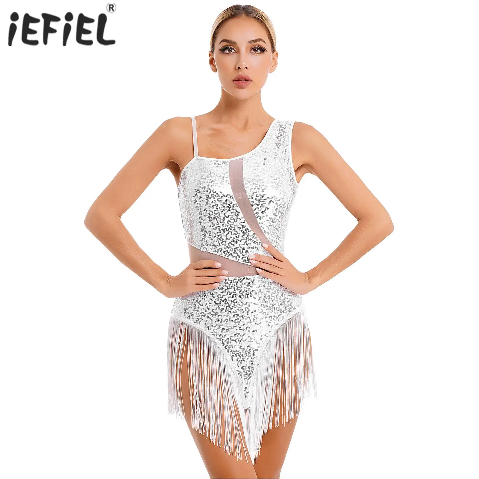 Womens Latin Classic Dance Costume Skin-tight Garment Jazz Dancer Salsa Samba Rumba Dancewear Sparkling Sequin Fringed Dress