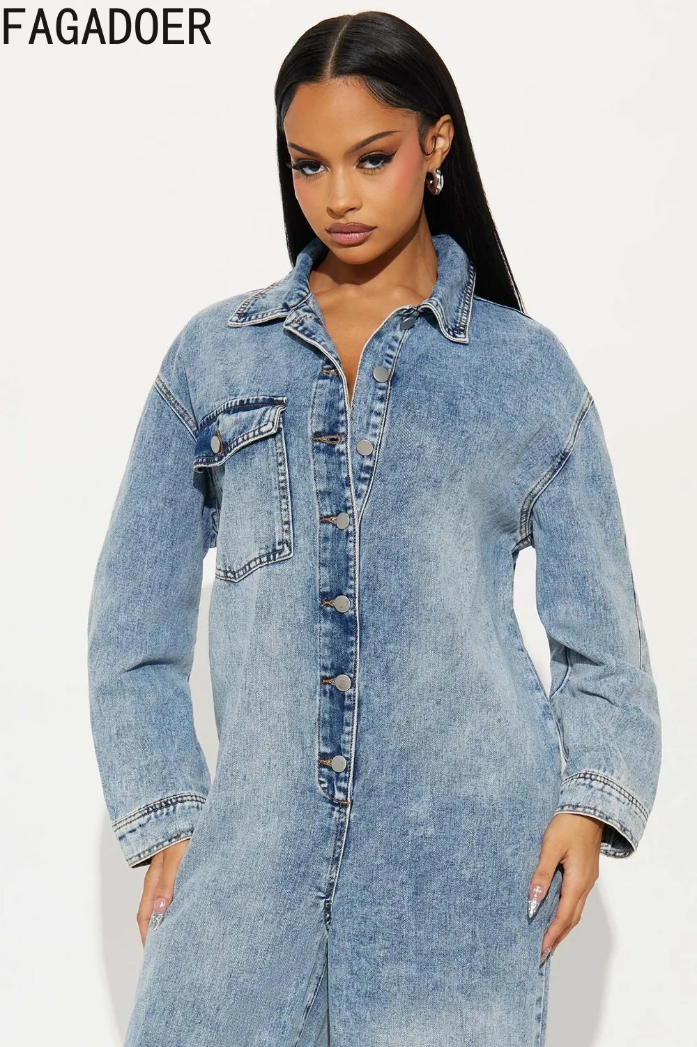 بدلة قفز عصرية من قماش الدنيم الأزرق من FAGADOER للنساء بلون واحد وأكمام طويلة ملابس خروج نسائية جديدة #4