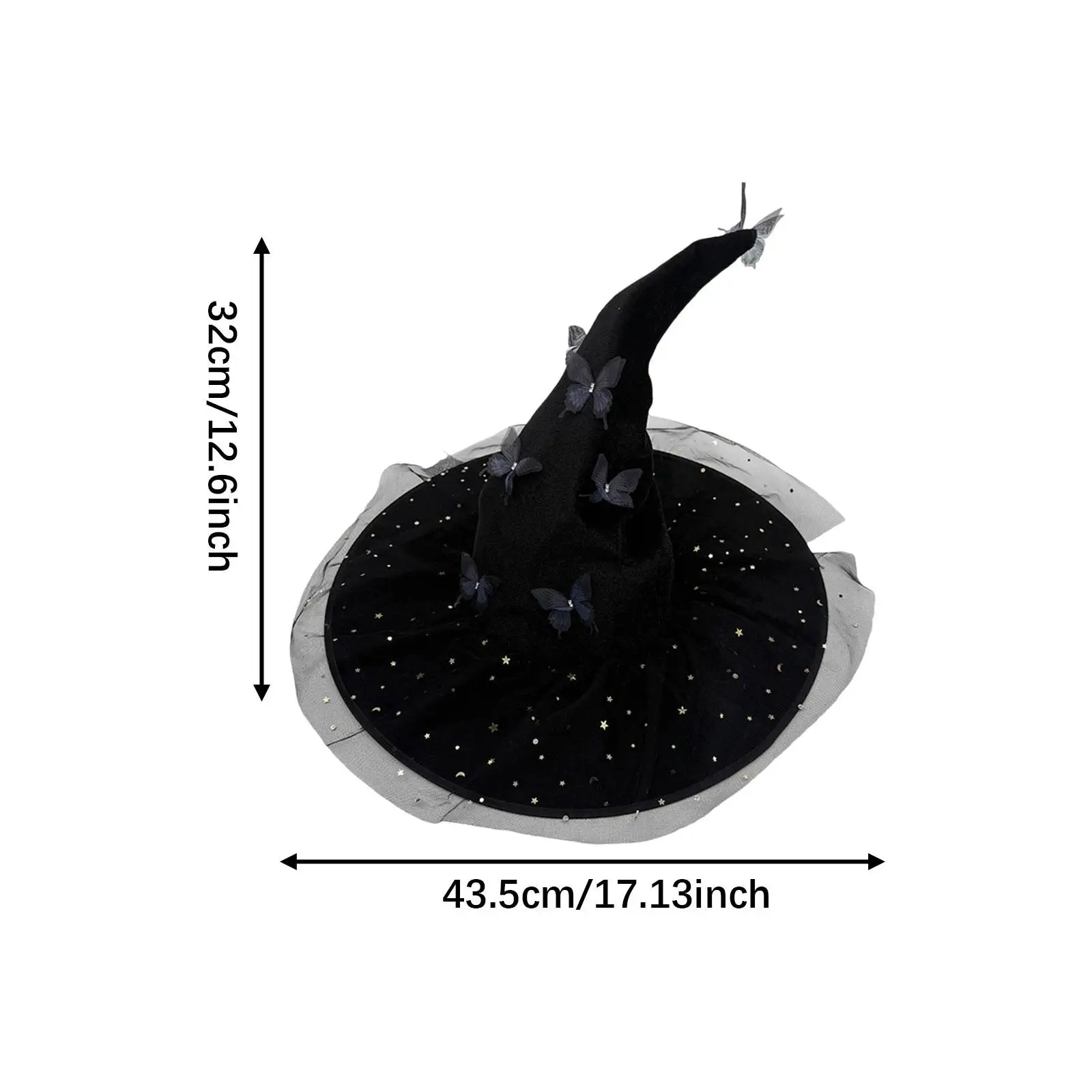 Sombrero de bruja de Halloween con mariposas y malla de estrella para fiesta de cosplay