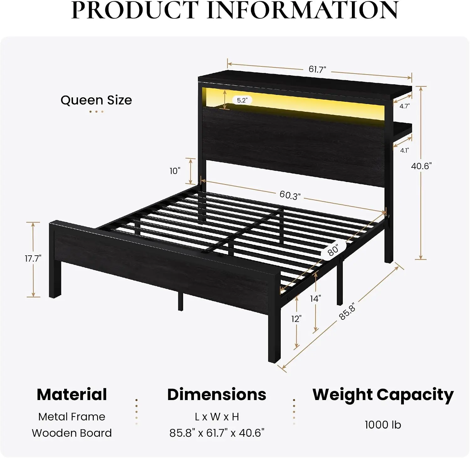 Queen-Size Bed Frame Offering a Two-Tier Storage Headboard, Integrated Charging Station, and LED Lighting