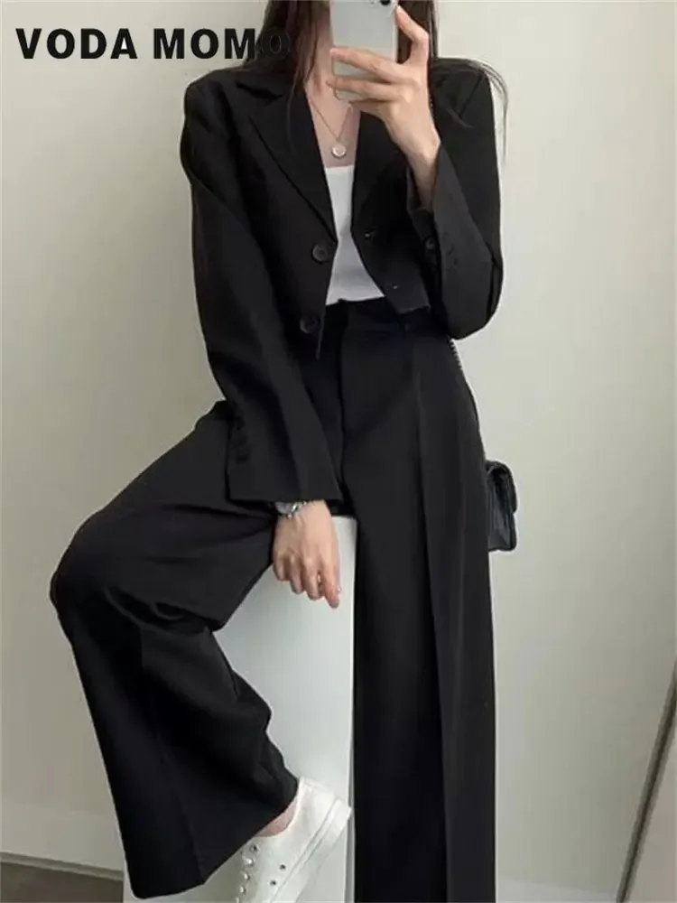 Spring Korean Casual Elegant Suits Blazer Jacket Wide Leg Trousers High Waist Pants Suits Female 2 Piece Sets Crop Top Coats