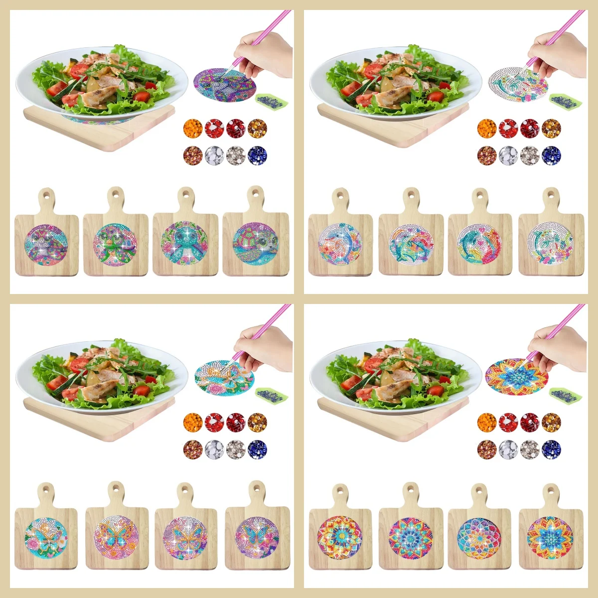 

4 DIY animal-themed diamond painting sets, wooden round anti-slip tea MATS, suitable for kitchen and living room board supports
