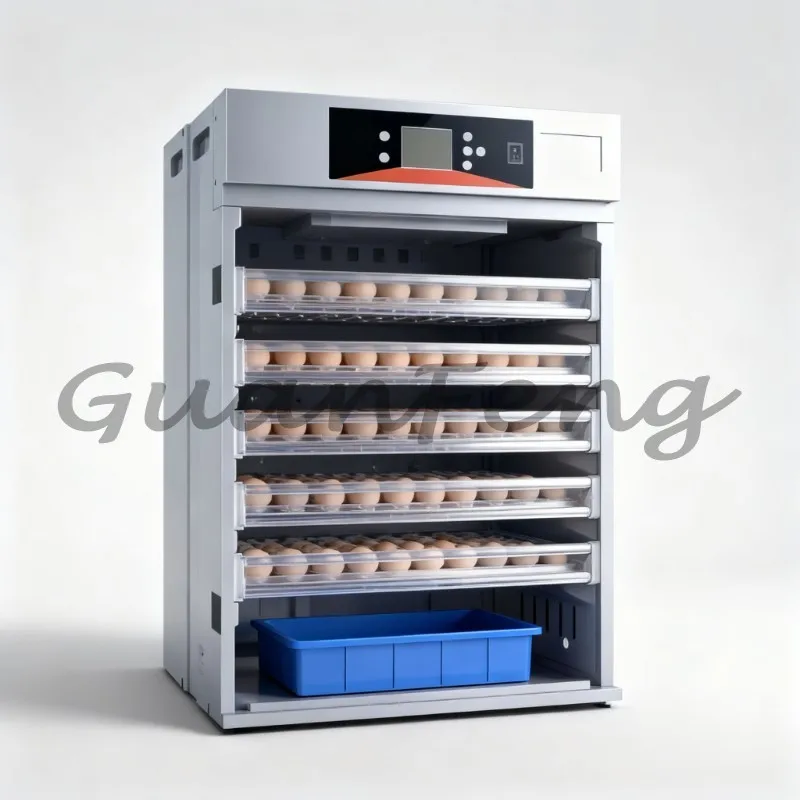 The farm uses 400 automatic egg incubators, digital temperature and humidity monitors, and built-in automatic egg flipping syst