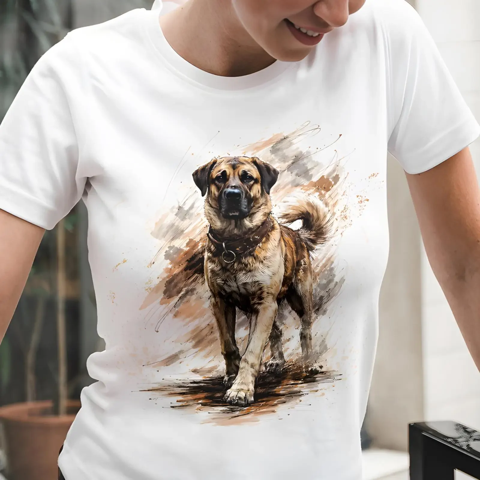 Camiseta Kangal con estampado de retrato en acuarela, diseño de pastor anatólico con salpicaduras de tinta, estilo vintage lavado, ropa de diseñador gráfico, versátil