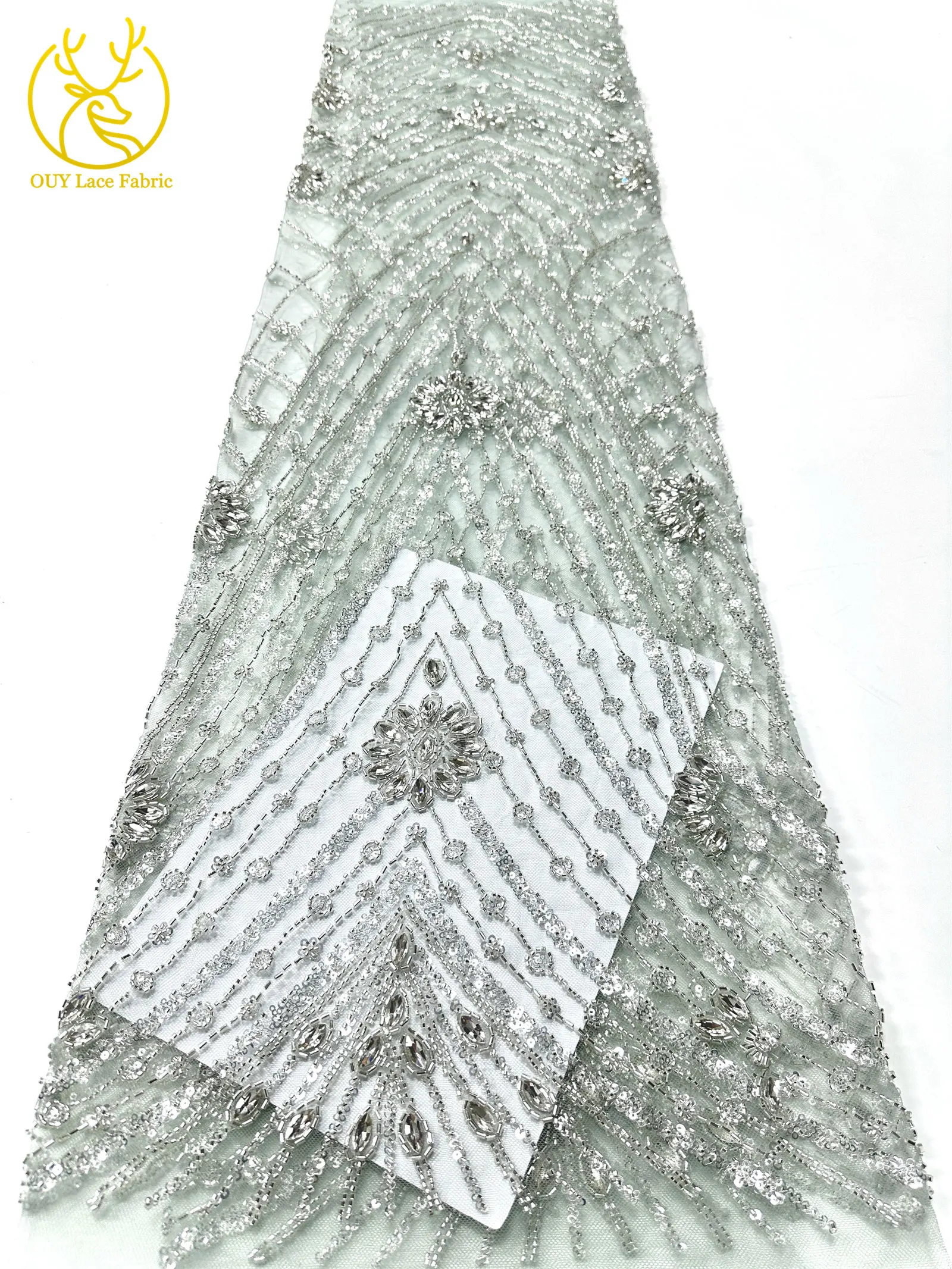 Neuester afrikanischer handgefertigter Perlen-Diamant-Spitzenstoff 2026, luxuriöser nigerianischer Pailletten-dunkelblauer transparenter Spitzenstoff für Hochzeitskleid – Detail 21