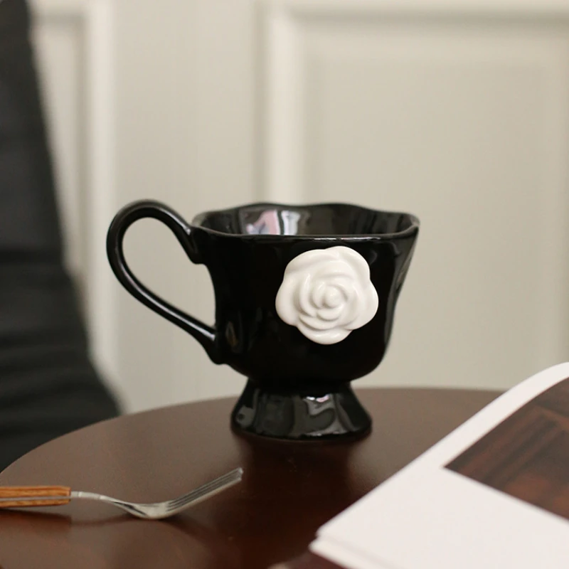 Taza  leche creativa para sayuno francés con relieve  Camelia, taza  cerámica, taza  café  oficina, tazas Retro con