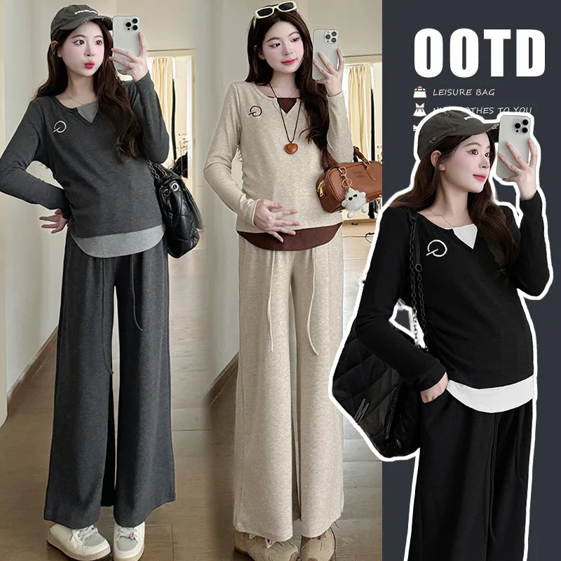 

2025 Cozy Pregnancy Outfit Winter Fake Two Layer Knit Top with Wide Leg Pants Relaxed Maternity Two Piece Set Comfortable